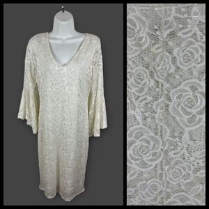 Womens Bell Flare Sleeve Ivory Rose Lace V-Neck Dress Olivia Matthews Size Small